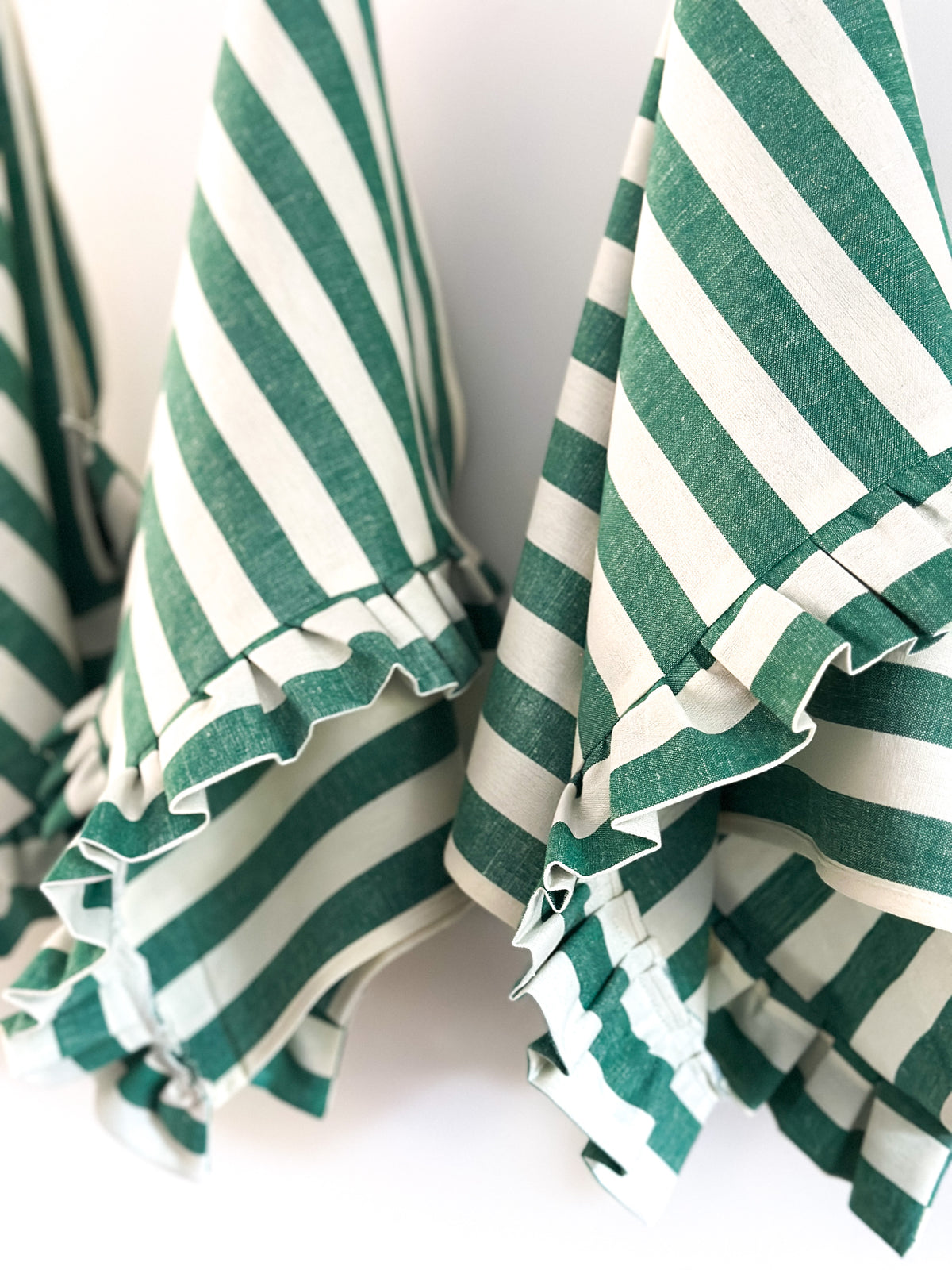Green stripe frilly tea towel