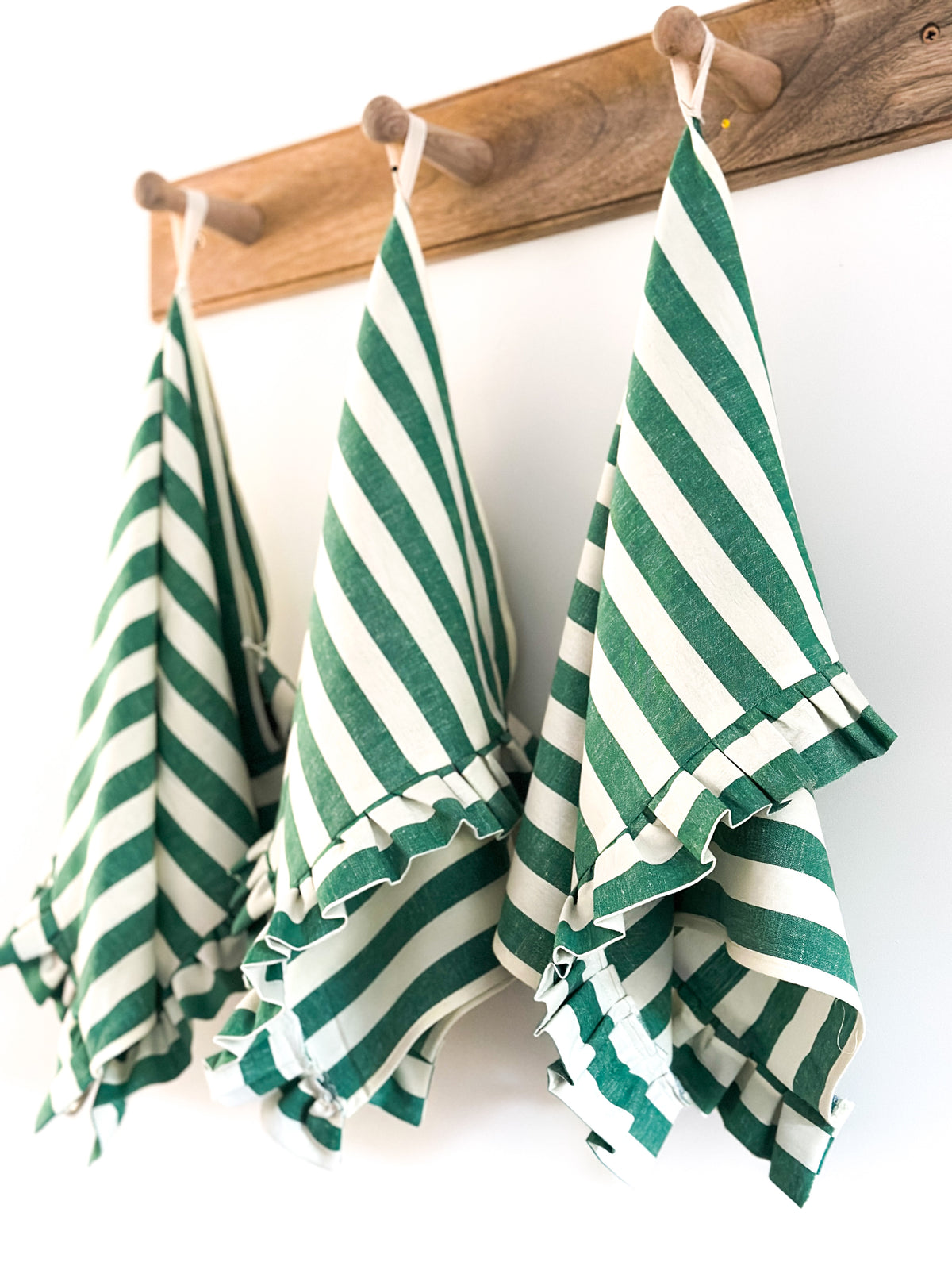 Green stripe frilly tea towel