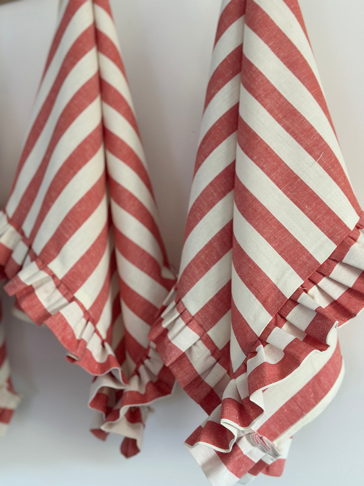 Red stripe frilly tea towels