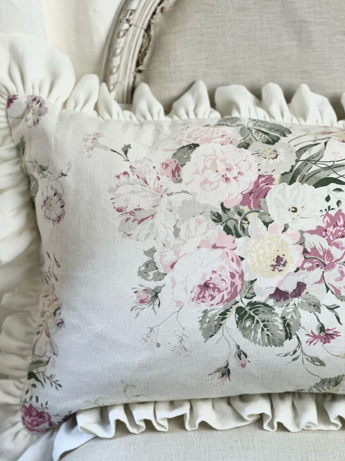 Constance on white frilled cushion