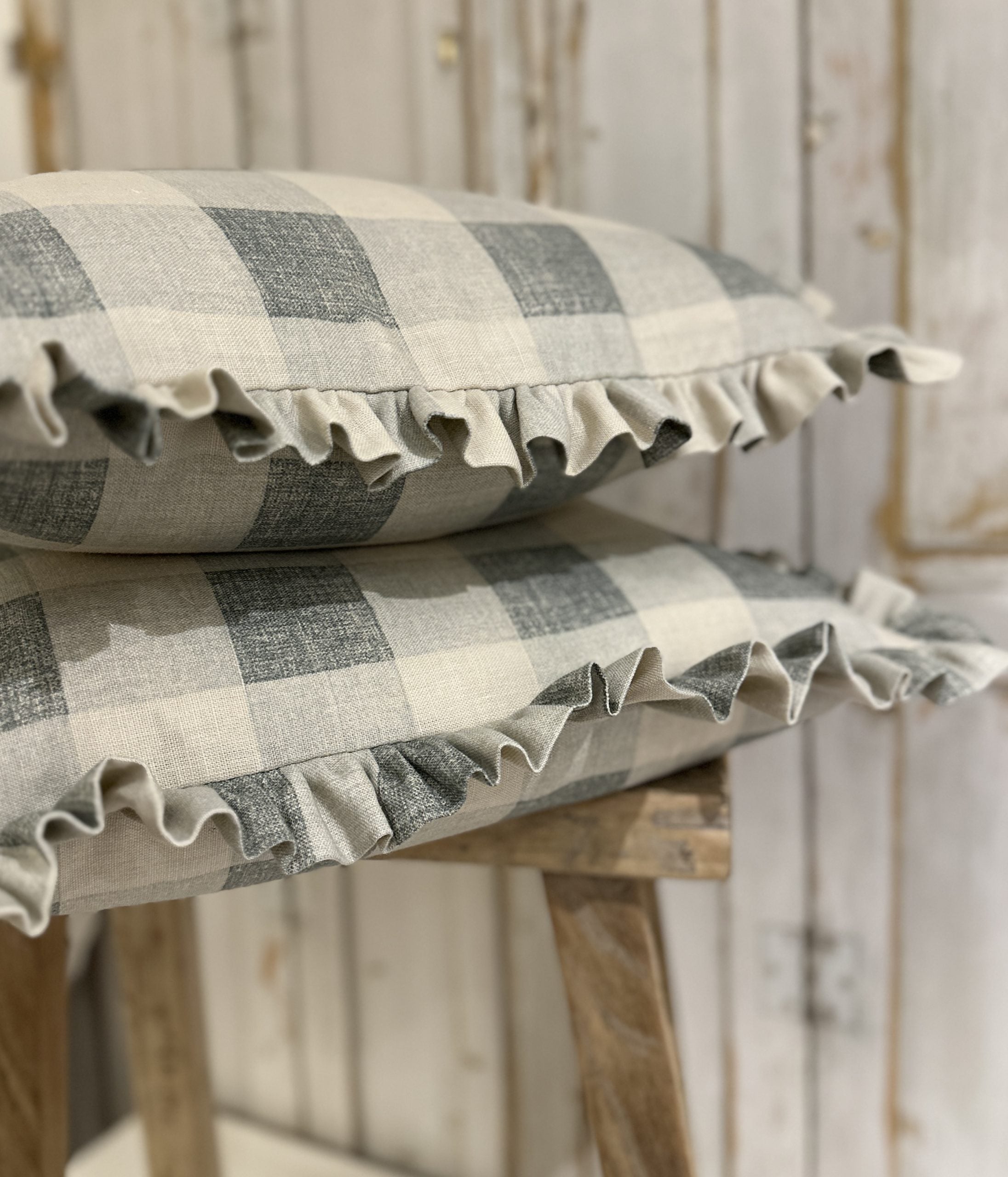 Kate Forman blue check frilled cushion