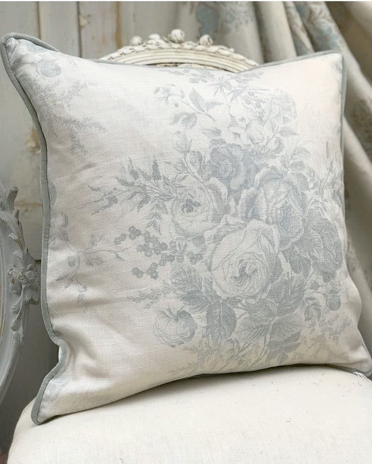 Kate Forman blue roses cushion with velvet pipe