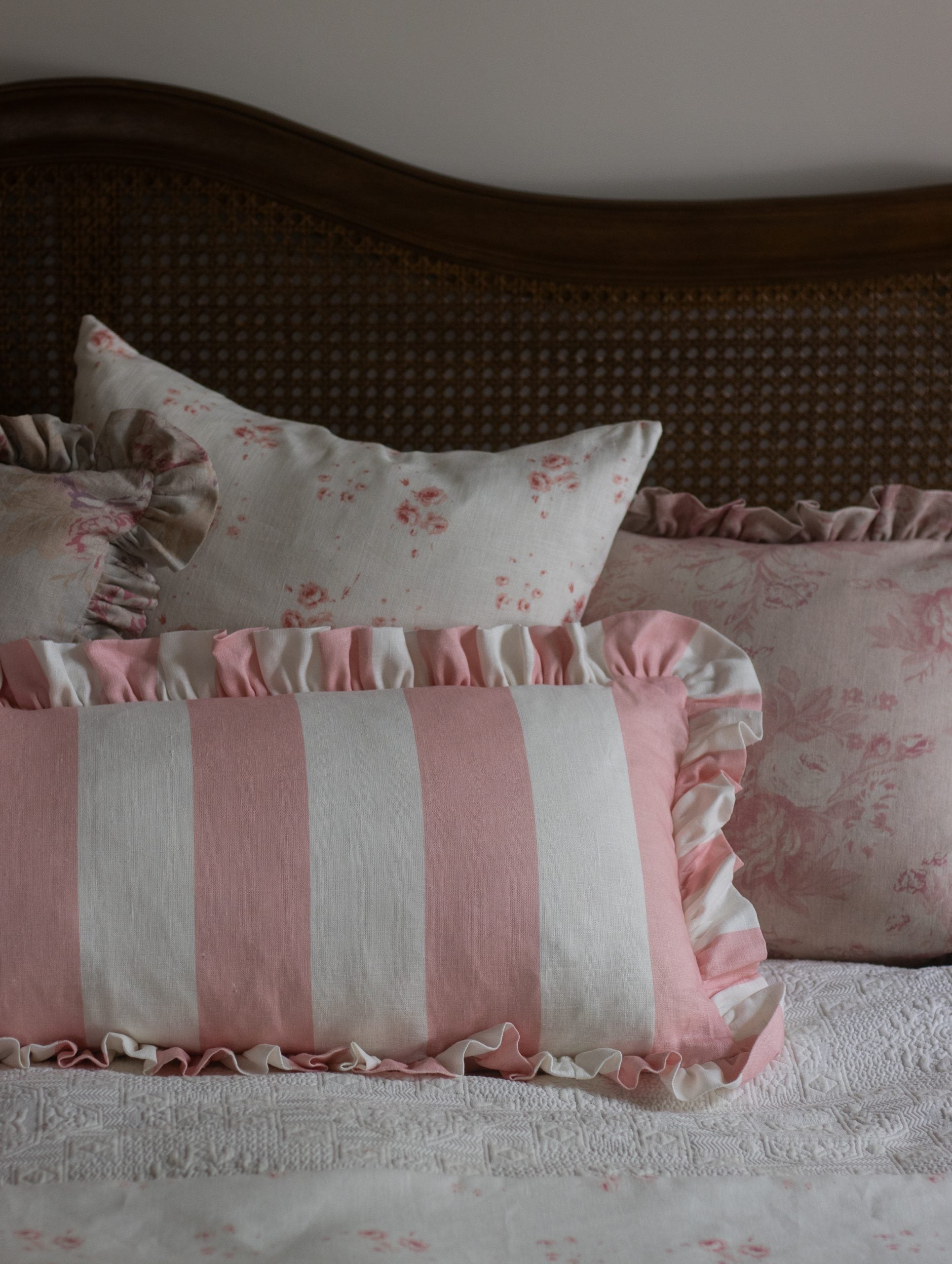 Wide stripe frilled lumber cushion