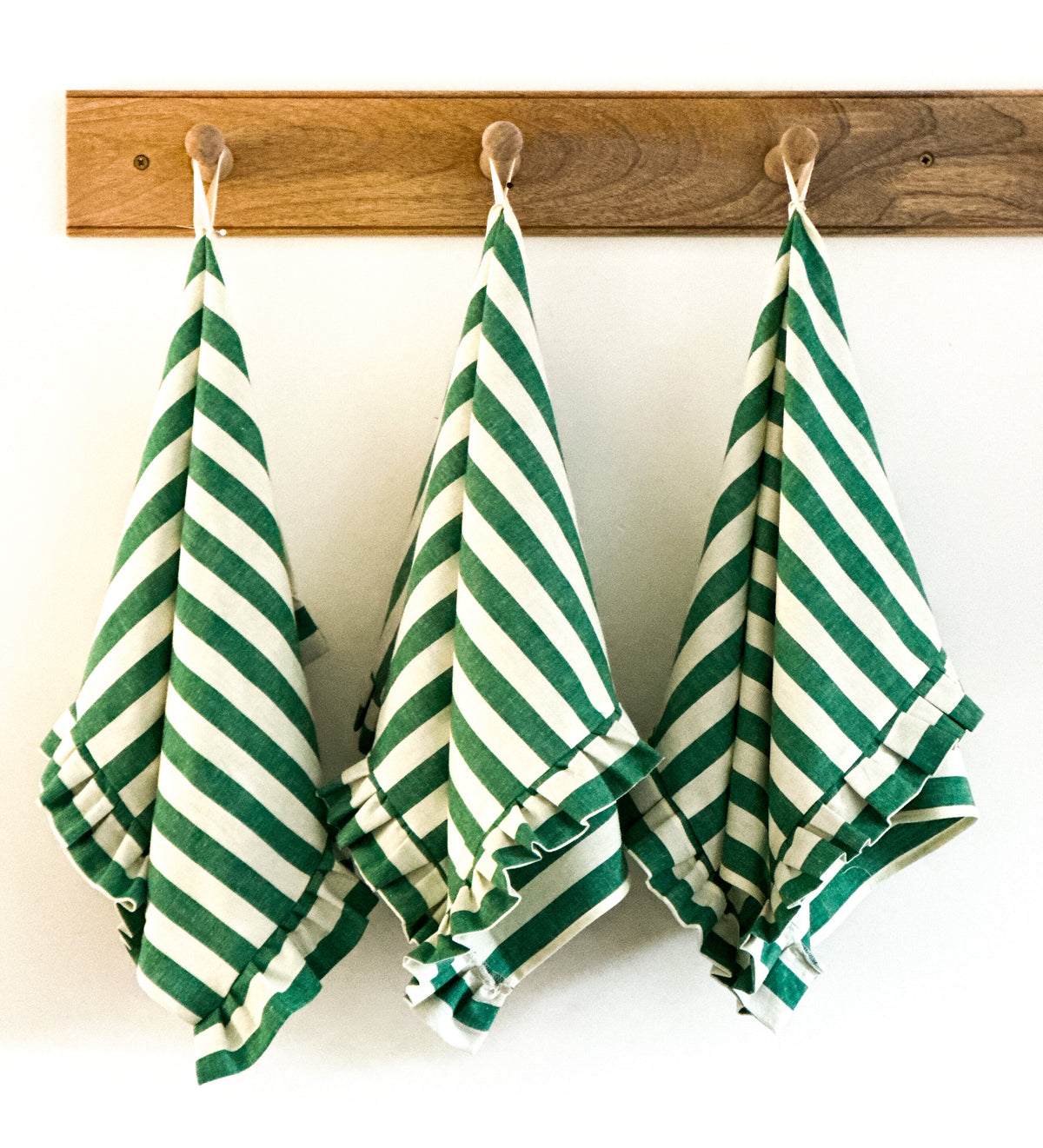 Green stripe frilly tea towel