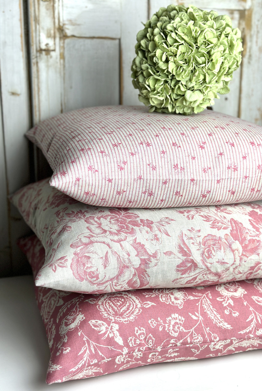 French Toile raspberry on natural cushion