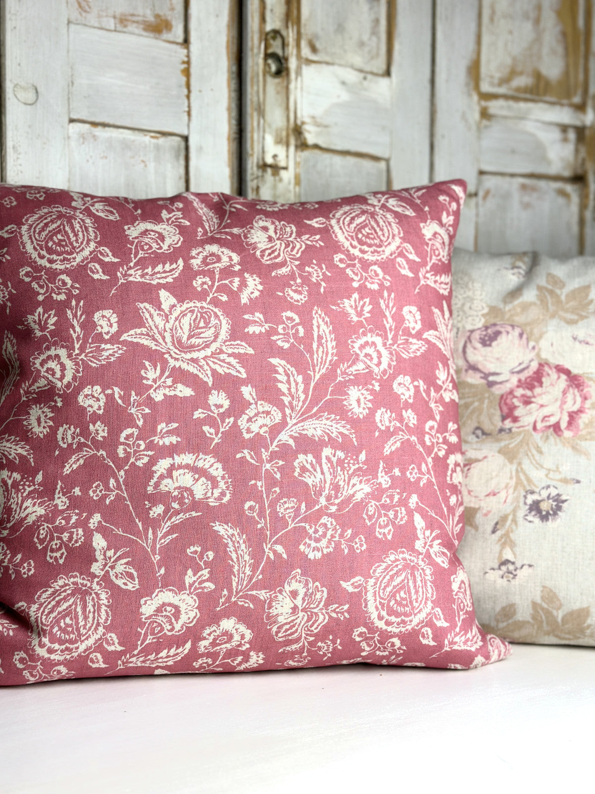 French Toile raspberry on natural cushion