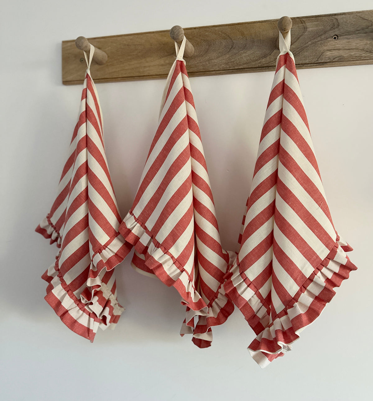 Red stripe frilly tea towels