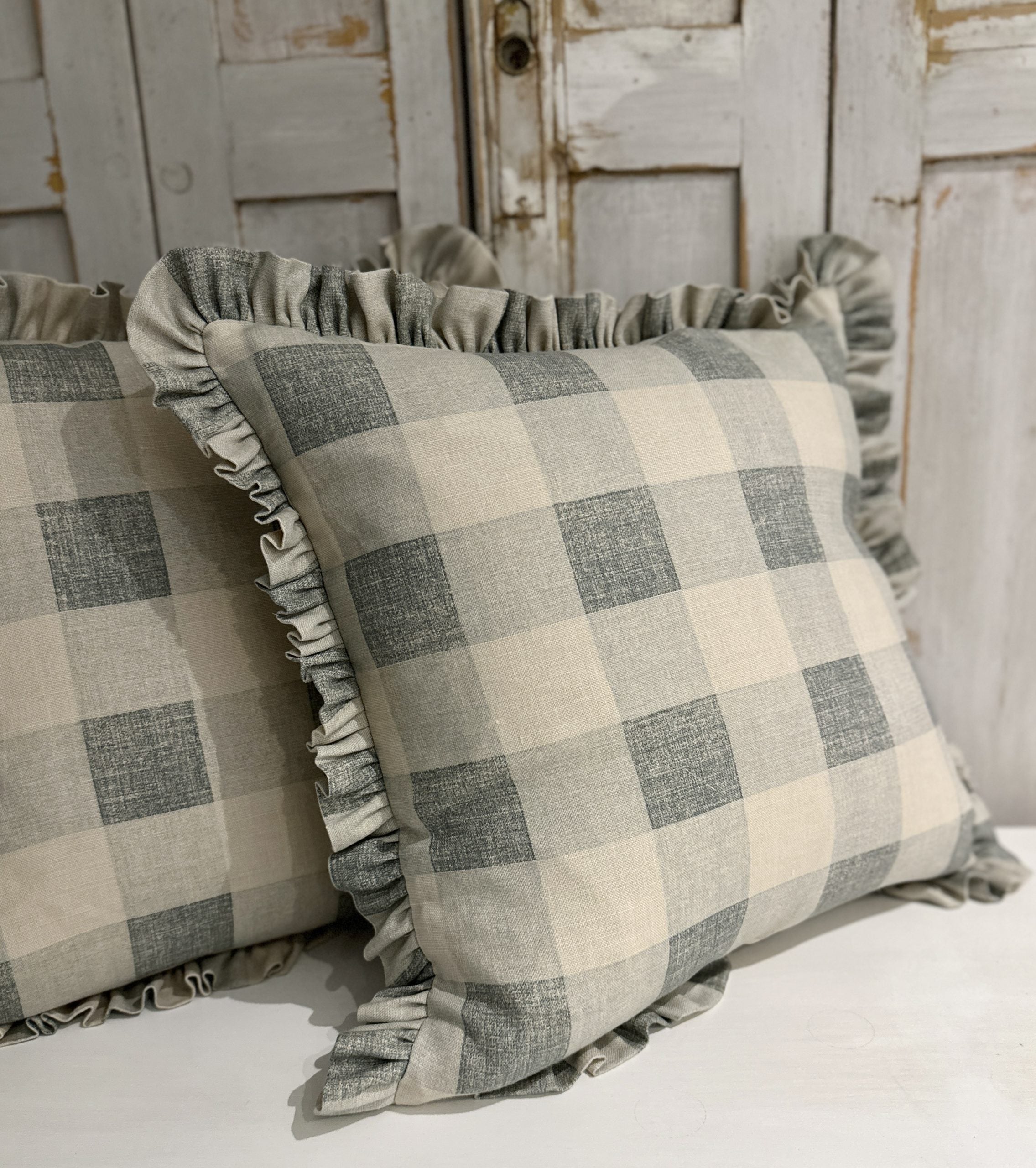 Kate Forman blue check frilled cushion