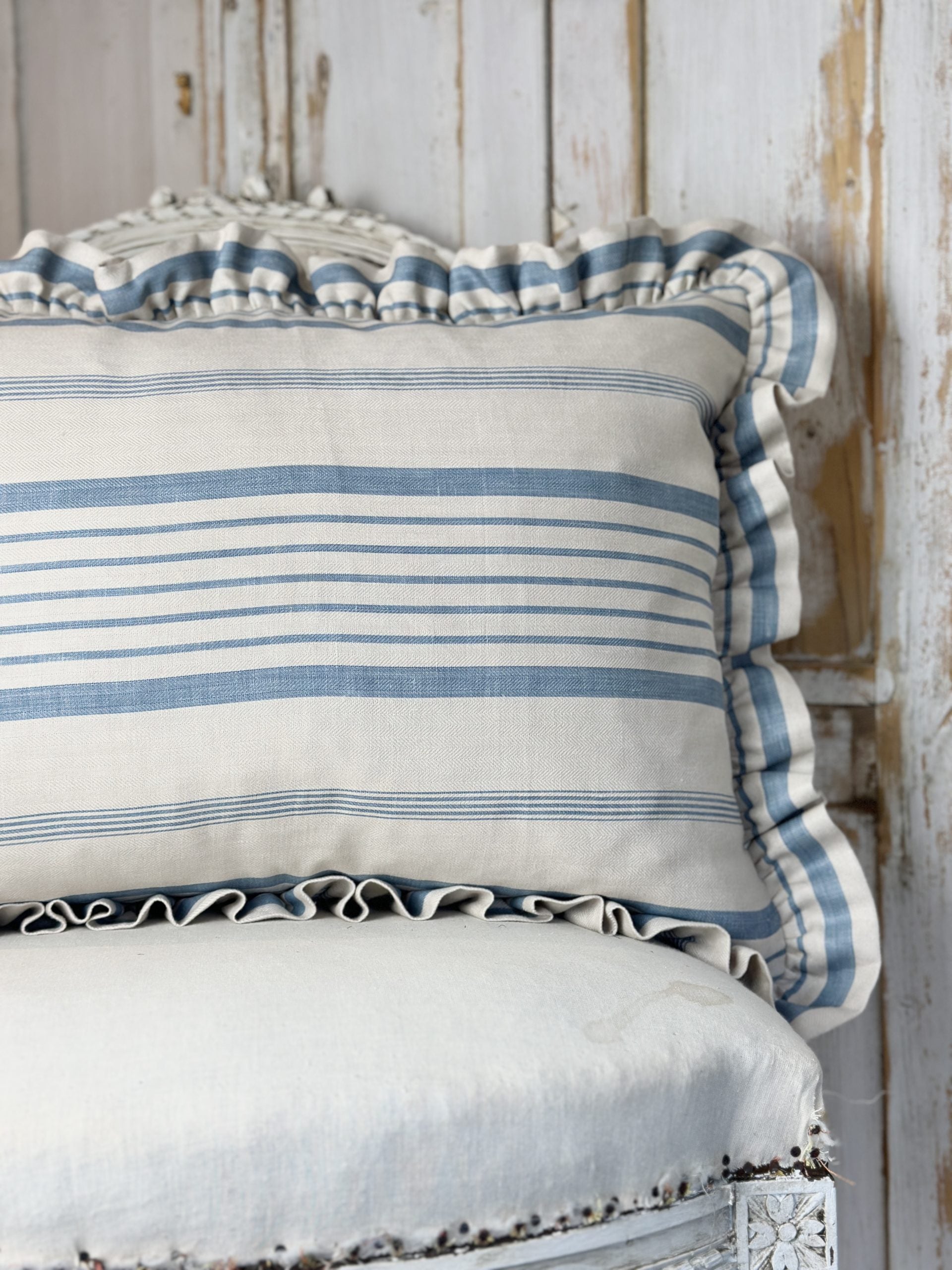 Ticking stripe large oblong frilled cushion