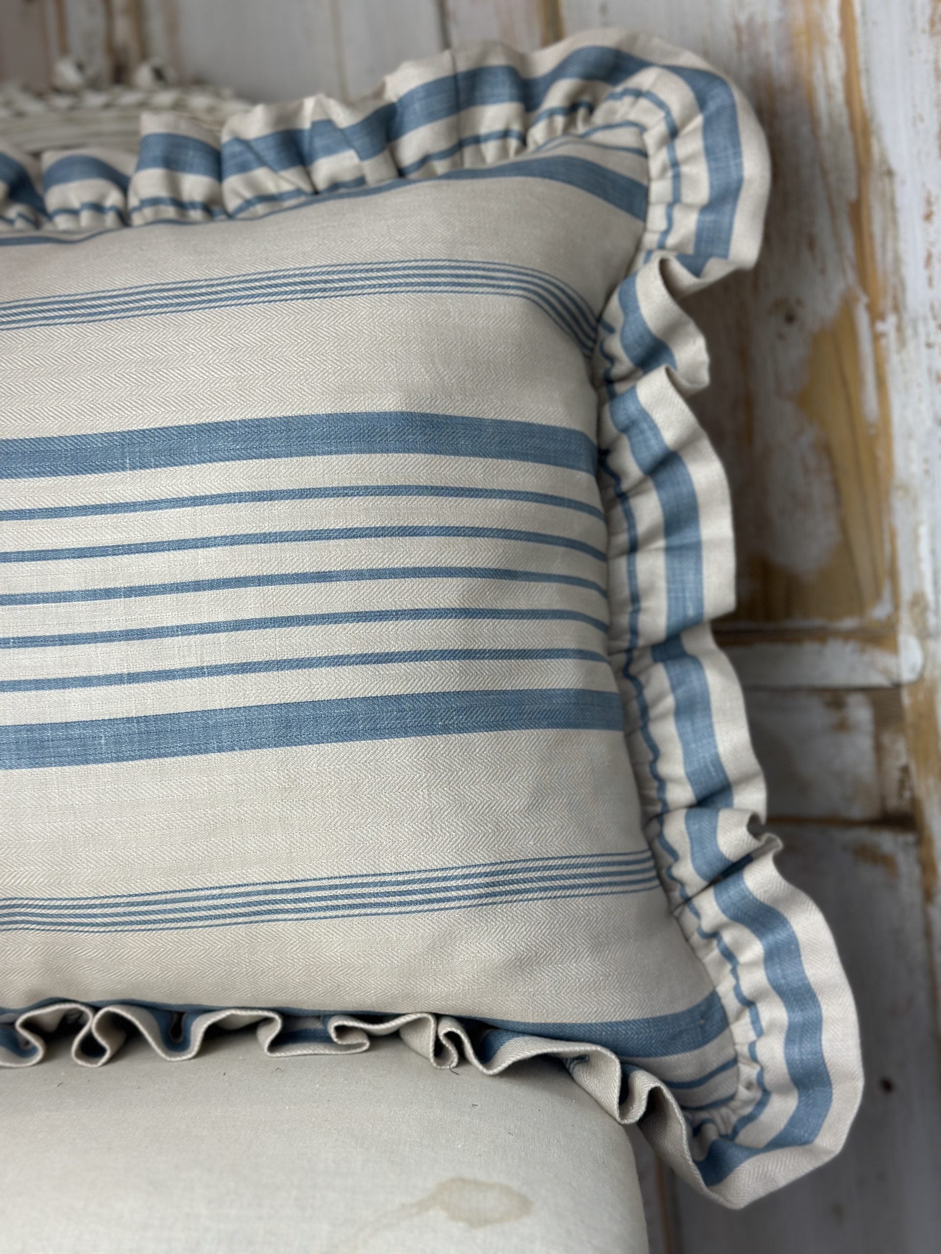 Ticking stripe large oblong frilled cushion